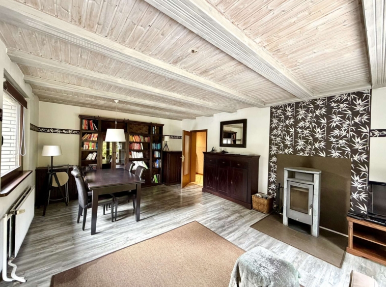 Wohnzimmer mit Kamin und Terrassenzugang